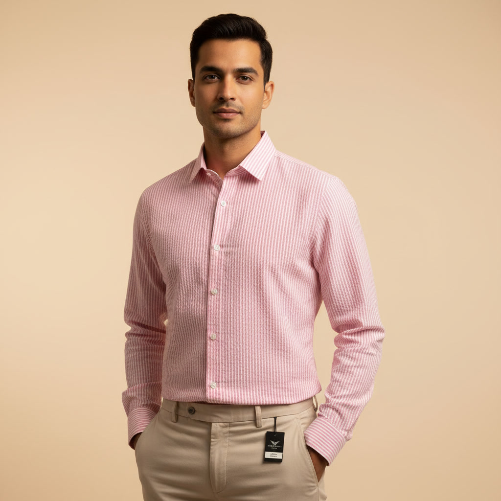 SHT02 Pink White Stripe Cotton Shirt for Men – Premium Soft Casual Wear