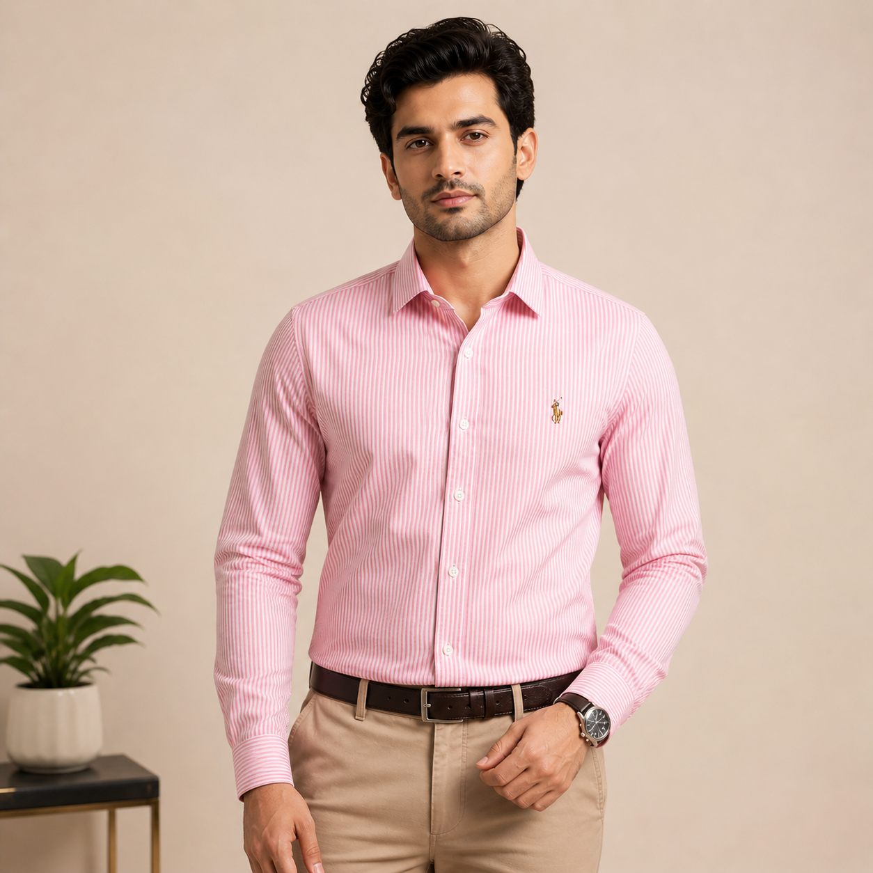 SHT02 Premium Men's Pink Striped Cotton-Spandex Formal Shirt