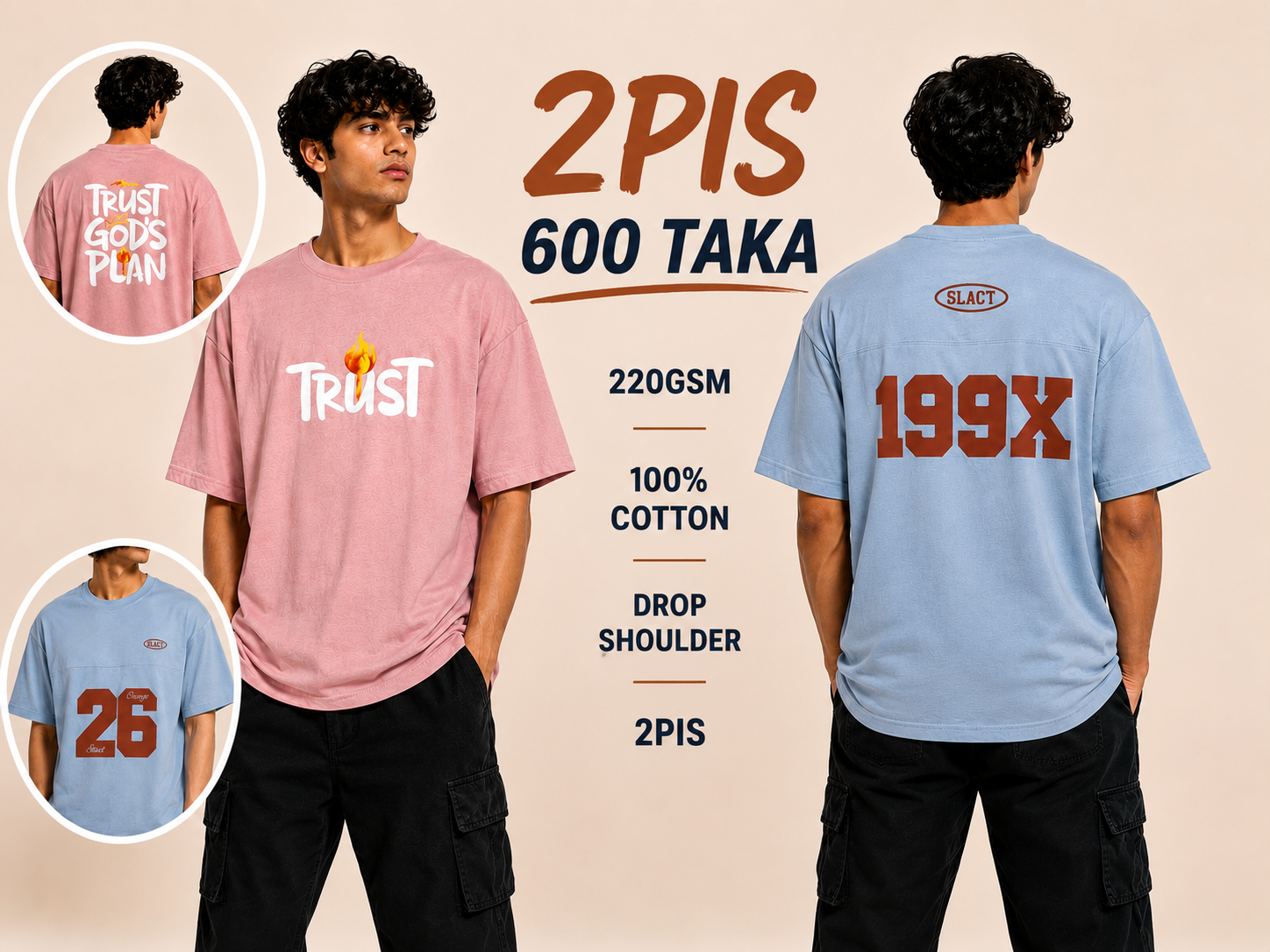 DTC01-Pink&Sky Blue Drop Shoulder T-Shirt