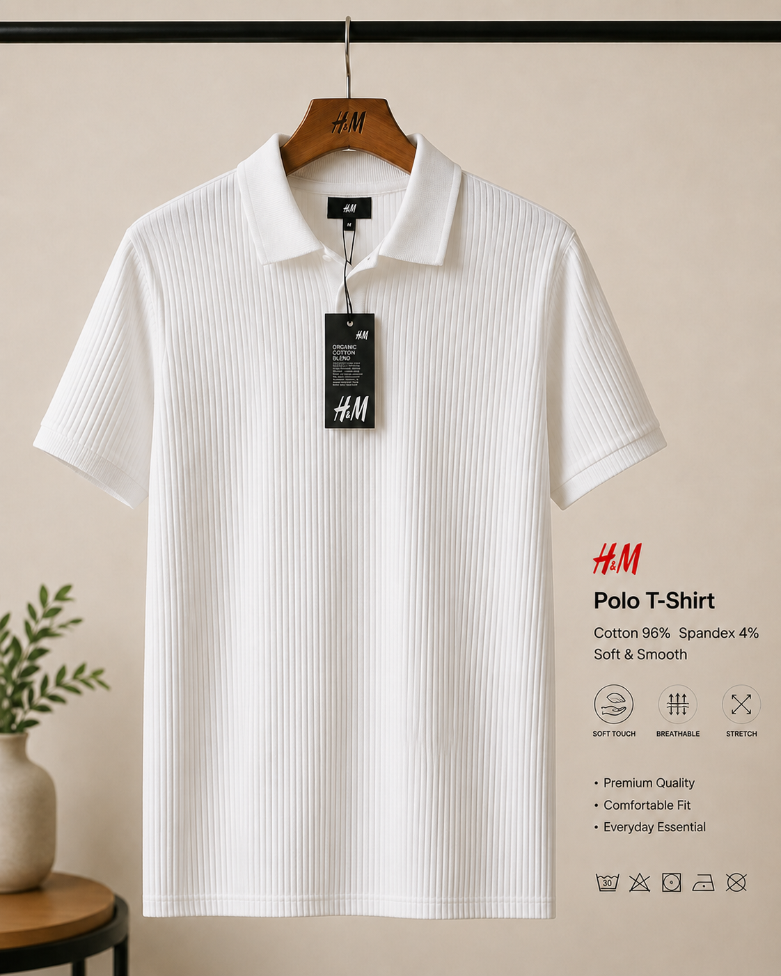 PL01 Premium White Ribbed Polo T-Shirt